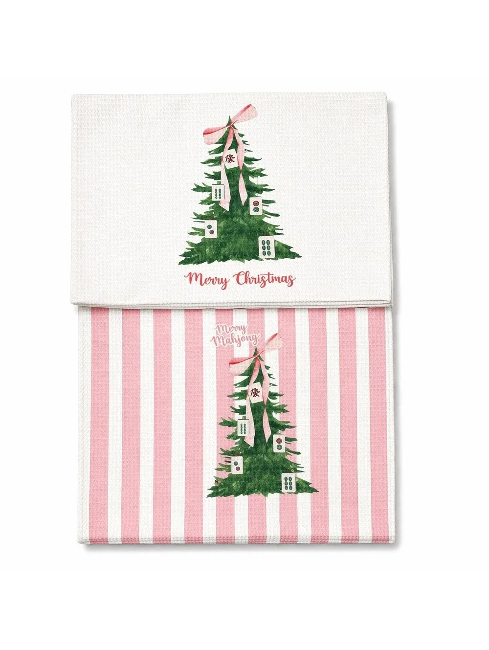 Set of 2 Cotton Kitchen Towels Christmas Mahjong Theme Pink White Striped Green